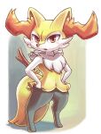  1girl animal_ear_fluff animal_ears animal_hands animal_nose black_fur blush body_fur braixen commentary_request flat_chest fox_ears fox_girl fox_tail full_body furry furry_female hands_on_own_hips looking_at_viewer multicolored_fur neck_fur nousen open_mouth pokemon pokemon_(creature) red_eyes simple_background snout solo standing stick tail white_fur yellow_fur 
