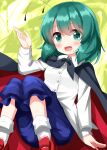  1girl antennae black_cape blue_pants blush buttons cape collared_shirt green_eyes green_hair hair_between_eyes highres long_sleeves looking_at_viewer open_mouth pants red_cape red_footwear ruu_(tksymkw) shirt shoes short_hair smile socks solo touhou white_shirt white_socks wriggle_nightbug 