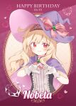  1girl artist_request blonde_hair blush brooch cape dress gloves hairband happy_birthday hat heart heart_hands highres jewelry little_witch_nobeta long_hair looking_at_viewer nobeta official_art purple_cape red_eyes smile solo upper_body white_gloves witch_hat 
