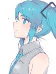  1girl bare_shoulders blue_eyes blue_hair blue_necktie closed_mouth collared_shirt commentary from_side grey_shirt hatsune_miku heremia highres long_hair looking_away necktie shirt simple_background sketch sleeveless sleeveless_shirt smile solo twintails vocaloid white_background 