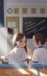  2girls :o blurry blurry_background brown_hair chalkboard chinese_commentary classroom closed_eyes day desk embarrassed gym_uniform hair_up heart highres lipstick long_hair looking_back makeup multiple_girls parted_lips school_desk shirt short_hair sitting sunlight violet_eyes white_shirt yeguirong 