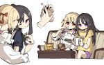  2girls black_hair blonde_hair chips_(food) controller couch food green_ribbon inoue_takina jewelry long_hair lycoris_recoil lycoris_uniform multiple_girls neck_ribbon nishikigi_chisato potato_chips purple_shorts red_eyes remote_control ribbon ring shioneko114 shirt shorts sitting two-tone_dress violet_eyes wedding_ring white_shirt wife_and_wife yellow_shirt 