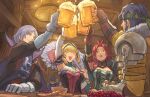  2boys 2girls alcohol balthus_von_albrecht bandana beer beer_mug blonde_hair bread breasts closed_eyes constance_von_nuvelle corset cup fire_emblem fire_emblem:_three_houses fire_emblem_warriors:_three_hopes food fruit grapes green_bandana green_little hapi_(fire_emblem) indoors large_breasts long_hair medium_hair mug multicolored_hair multiple_boys multiple_girls official_alternate_costume open_mouth purple_hair red_eyes redhead tavern two-tone_hair violet_eyes yuri_leclerc 