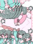  1girl alarm_clock aqua_jacket arm_up backpack bag bed black_hair blush_stickers bow clock clouds collage commentary_request flower hair_bow hair_flower hair_ornament hands_on_own_face jacket kyu-kurarin_(cevio) long_sleeves multiple_hair_bows open_clothes open_jacket pajamas pink_background pink_bow pink_eyes pink_flower pink_pajamas pink_shirt pink_theme plaid plaid_background pon_(kaeponpopopo) sad_smile screaming shirt short_hair sitting sweat tears track_jacket translation_request under_covers wiping_tears 