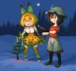  2girls :d animal_ears black_eyes black_gloves black_hair blush bow bowtie brown_footwear candle forest full-face_blush full_body gloves grey_headwear grey_shorts hat_feather helmet jazonyan kaban_(kemono_friends) kemono_friends looking_at_viewer matches multiple_girls nature night open_mouth orange_bow orange_bowtie orange_eyes orange_hair outdoors pith_helmet print_bow print_bowtie print_gloves print_skirt red_shirt serval_(kemono_friends) serval_print shirt short_hair short_sleeves shorts skirt sky smile snow standing star_(sky) starry_sky tree white_footwear 