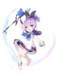  1girl anchor armlet azur_lane barefoot bow crown dress full_body green_eyes hair_bow happy highres holding holding_weapon javelin_(azur_lane) kaede_(yumesaki_kaede) mini_crown no_shoes open_mouth ponytail purple_hair ribbon weapon 