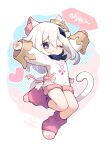  1girl ;3 animal_ears arm_up blue_eyes blue_scarf cat_ears cat_feet cat_girl cat_tail closed_mouth commentary_request full_body fur_trim genshin_impact gou_lianlian_dogface heart highres kemonomimi_mode leg_warmers long_hair long_sleeves looking_at_viewer one_eye_closed paimon_(genshin_impact) pink_leg_warmers pink_ribbon ribbon scarf solo speech_bubble tail white_hair white_romper 