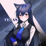  1girl animal_ear_fluff animal_ears anthea_meow arknights black_hair black_vest blue_gloves blush breasts character_name closed_mouth collared_shirt commentary_request fingerless_gloves gloves hair_between_eyes highres large_breasts long_hair red_eyes shirt sketch solo texas_(arknights) texas_the_omertosa_(arknights) upper_body very_long_hair vest white_shirt 