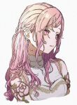  1girl braid commentary earrings hair_ornament hairpin iwawa jewelry long_hair necklace official_alternate_costume official_alternate_hair_length official_alternate_hairstyle ootori_emu parted_lips pink_eyes pink_hair project_sekai short_sleeves simple_background solo upper_body white_background 