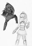  1girl absurdres aiming_at_viewer alarm_siren arm_cannon borrowed_character checkered_trim clenched_hand clip_studio_paint_(medium) commentary crosshair_pupils dress english_commentary feet_out_of_frame full_body graphite_(medium) greyscale grin hand_on_own_arm heterochromia highres joints long_hair looking_at_viewer mikaseidukas mimi-sentry monochrome multiple_views no_feet no_mouth original personification robot robot_girl robot_joints sharp_teeth signature simple_background sketch smile team_fortress_2 teeth traditional_media weapon 