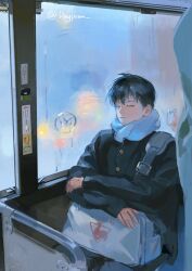  1boy bag black_hair black_jacket blue_scarf closed_eyes closed_mouth commentary condensation daypoem english_commentary gakuran haikyuu!! highres jacket kageyama_tobio long_sleeves male_focus scarf school_uniform sitting solo twitter_username white_bag window 