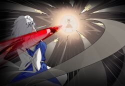  2girls absurdres apron ascot back_bow black_gloves blue_dress bow chinese_commentary commentary_request detached_sleeves devilkillerx dress energy_barrier facing_away fighting frilled_bow frilled_hair_tubes frills from_behind gloves grey_hair hair_bow hair_tubes hakurei_reimu highres holding holding_knife izayoi_sakuya knife long_hair maid maid_headdress multiple_girls puffy_short_sleeves puffy_sleeves red_bow red_skirt ribbon-trimmed_sleeves ribbon_trim short_sleeves skirt skirt_set throwing touhou waist_apron white_bow 