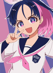  +_+ 1girl :d absurdres blue_hair bow commentary_request hair_bow highres jougamine_aki kima_465236 long_sleeves multicolored_eyes multicolored_hair neckerchief pink_eyes pink_hair pink_neckerchief school_uniform scum_of_the_brave serafuku shirt smile solo striped_background two-tone_eyes two-tone_hair upper_body v violet_eyes white_shirt 
