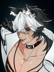  1boy animal_ear_piercing animal_ears black_choker black_eyes black_hair blue_pupils choker collarbone commentary_request dog_boy dog_ears highres jewelry komano_manato komano_manato_(white_heart_silhouette) male_focus multicolored_hair muscular muscular_male necklace osasimi_frog pectoral_cleavage pectorals white_hair zenless_zone_zero 