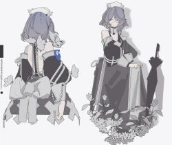  1girl absurdres arknights artist_name bare_back bare_shoulders black_dress black_sleeves closed_eyes closed_mouth closed_umbrella commentary_request cropped_legs dated detached_sleeves dress drop_shadow eyepatch flower from_behind grey_background grey_butterfly grey_hair grey_ribbon hat highres jqqs2002 light_smile making-of_available medium_hair multiple_views simple_background skirt_hold solo umbrella whisperain_(arknights) white_hat 