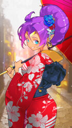 1girl absurdres blue_eyes blue_flower blue_sash blurry blurry_background breasts circlet commentary cowboy_shot dark-skinned_female dark_skin day earrings film_grain fingernails floral_print floral_print_kimono flower furisode gold_circlet grin hair_between_eyes hair_flower hair_ornament han'eri highres holding holding_umbrella hoop_earrings itou_kazuki japanese_clothes jewelry kanzashi kimono long_pointy_ears medium_breasts nail_polish obi obijime oil-paper_umbrella outdoors pinky_out pointy_ears print_kimono purple_hair purple_nails red_kimono sash shantae shantae_(series) signature smile solo standing umbrella umbrella_over_shoulder