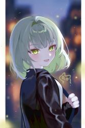  1girl :d bag black_jacket blue_bag blurry blurry_background blush colored_inner_hair commentary_request depth_of_field from_behind green_eyes green_hair grey_hair hand_up highres hinomori_shiho holding holding_strap jacket korean_commentary long_sleeves looking_at_viewer looking_back multicolored_hair night nyungcha11 official_alternate_costume official_alternate_hairstyle open_clothes open_jacket open_mouth outdoors project_sekai shirt short_hair shoulder_bag sidelocks smile solo turning_head upper_body white_shirt zozotown 