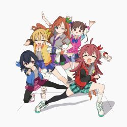 5girls arisugawa_natsuha black_hair black_pantyhose black_thighhighs blonde_hair blue_jacket blue_shorts breasts brown_hair closed_eyes commentary_request full_body grey_shirt group_picture group_pose highres houkago_climax_girls_(idolmaster) idolmaster idolmaster_shiny_colors jacket komiya_kaho large_breasts morino_rinze multiple_girls osakana_(kitasisn) pantyhose pink_skirt purple_skirt red_hair red_jacket ressha_sentai_toqger saijo_juri shirt shorts skirt small_breasts sonoda_chiyoko super_sentai thigh-highs white_thighhighs yellow_jacket