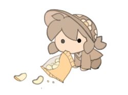  1girl bag_of_chips brown_hair brown_hat chibi chibi_only chips_(food) commentary crumbs english_commentary floral_print floral_print_hat food full_body hat long_sleeves original potato_chips print_hat simple_background solo temmie_chang temmie_chang_(character) white_background 
