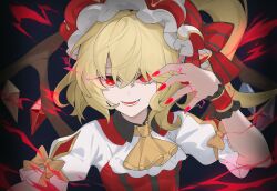  1girl absurdres alternate_costume ascot blonde_hair bow chinese_commentary commentary_request crystal crystal_wings devilkillerx eye_trail flandre_scarlet hat highres light_trail looking_at_viewer mob_cap multicolored_wings one_side_up open_mouth red_eyes sleeve_bow smile solo touhou white_hat wings yellow_ascot yellow_bow 