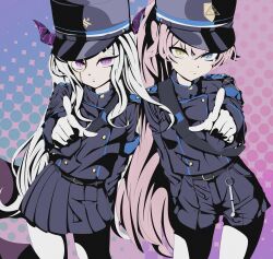  2girls alternate_costume armband belt black_belt black_jacket black_shorts black_skirt blue_archive blue_armband blue_eyes blue_hat blue_trim buttons commentary_request cosplay cowboy_shot double-breasted gloves hair_between_eyes hat heterochromia highres hikari_(blue_archive) hikari_(blue_archive)_(cosplay) hina_(blue_archive) hoshino_(blue_archive) jacket long_hair mixed-language_commentary monocle multilingual_commentary multiple_girls nozomi_(blue_archive) nozomi_(blue_archive)_(cosplay) pantyhose peaked_cap pink_hair pointing pointing_at_viewer ponytail shorts sidelocks skirt train_conductor uirou_(uirou2024) very_long_hair whistle white_gloves white_hair white_pantyhose yellow_eyes 