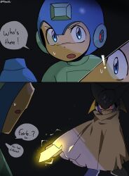  ! 2boys android arm_blade arm_cannon bass.exe_(mega_man) black_helmet blue_bodysuit blue_eyes blue_helmet bodysuit brown_cloak cloak cut-in drawn_weapon english_text fins forehead_jewel full_body glowing glowing_eyes glowing_sword glowing_weapon head_fins helmet highres imminent_fight in-franchise_crossover koasku male_focus mega_man_(character) mega_man_(classic) mega_man_(series) mega_man_battle_network_(series) multiple_boys netnavi open_mouth red_eyes serious speech_bubble sweatdrop v-shaped_eyebrows weapon 