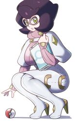  1girl absurdres big_hair boots breasts capelet folder glasses green_eyes high-waist_skirt high_heels highres holding holding_folder jeff_miga large_breasts long_sleeves mature_female medium_skirt pencil_skirt pink-framed_eyewear pink_sweater poke_ball poke_ball_(basic) pokemon pokemon_sm purple_hair ribbed_sweater short_hair skirt solo squatting sweater thigh_boots turtleneck turtleneck_sweater white_boots white_capelet white_skirt wicke_(pokemon) 