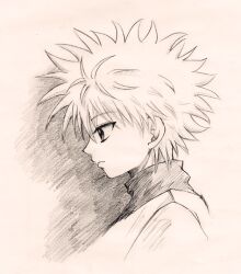 1boy closed_mouth commentary expressionless from_side graphite_(medium) greyscale hunter_x_hunter ichiha_sanami killua_zoldyck male_focus monochrome portrait profile short_hair solo spiky_hair traditional_media 