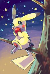  :3 animal_focus apple blush choko_(sweetpocket) commentary_request food fruit holding holding_food holding_fruit no_humans outdoors pawpads pikachu pokemon pokemon_(creature) pokemon_focus sitting smile solo star_(symbol) tree 