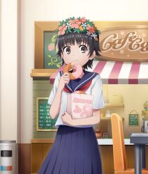  1girl :t bag black_hair blue_sailor_collar blue_skirt brown_eyes chair chalkboard closed_mouth counter cowboy_shot dot_nose doughnut eating flower flower_wreath food food_bite game_cg head_wreath holding holding_bag holding_donut holding_food looking_at_viewer menu neckerchief official_art pink_flower red_neckerchief sailor_collar sakugawa_school_uniform school_uniform serafuku shelf shirt short_hair short_sleeves skirt solo storefront summer_uniform table third-party_source toaru_kagaku_no_railgun toaru_majutsu_no_index toji_no_miko toji_no_miko:_kizamishi_issen_no_tomoshibi trash_can uiharu_kazari white_flower white_shirt 