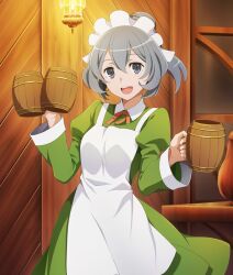  1girl :d apron breasts cowboy_shot cup double-parted_bangs dress dungeon_ni_deai_wo_motomeru_no_wa_machigatteiru_darou_ka game_cg green_dress grey_eyes grey_hair hands_up high_ponytail holding holding_cup indoors long_sleeves looking_at_viewer maid_headdress medium_breasts mug neck_ribbon night official_art open_mouth orange_ribbon ponytail ribbon short_hair short_ponytail smile solo syr_flover table teeth third-party_source toji_no_miko toji_no_miko:_kizamishi_issen_no_tomoshibi upper_teeth_only waitress wall_lamp white_apron window wooden_table wooden_wall 