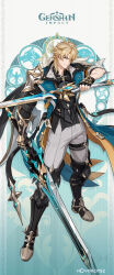 1boy anemo_symbol_(genshin_impact) arm_up armor armored_boots armored_gloves black_boots black_shirt blonde_hair boots brass_knuckles fingerless_gloves full_body genshin_impact green_eyes grey_legwear grey_pants hair_between_eyes head_tilt highres holding_sword holding_weapon knee_pads looking_at_viewer medium_hair muscular muscular_male official_art open_clothes open_coat open_jacket scar scar_on_face shoulder_armor smile smirk solo thick_eyebrows thigh_strap varka_(genshin_impact) vision_(genshin_impact)