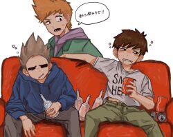  3boys alcohol animification antenna_hair bad_id bad_twitter_id black_eyes blue_hoodie blush bottle brown_hair can clothes_writing commentary couch drawstring drink drooling drunk edd_(eddsworld) eddsworld english_commentary green_jacket green_pants grey_pants hair_behind_ear holding holding_bottle holding_can holding_drink hollow_eyes hood hood_down hoodie inactive_account jacket long_sleeves looking_at_another male_focus matt_(eddsworld) multiple_boys official_alternate_costume on_couch open_clothes open_jacket open_mouth orange_hair pants purple_hoodie shirt short_hair short_sleeves simple_background sitting speech_bubble spiky_hair spread_legs sweatdrop tom_(eddsworld) translation_request umino_mino uneven_eyes white_shirt 