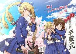  3girls arm_on_another's_shoulder blonde_hair blue_bow blue_sailor_collar blue_shirt blue_skirt blue_sky bow bowtie brown_eyes brown_hair cherry_blossoms cinderella_series closed_eyes clouds cloudy_sky commentary_request diploma diploma_tube double_bun drill_hair hachigatsu_no_cinderella_nine hair_bow hair_bun highres holding holding_diploma kishi_fuuka kousaka_tsubaki lollipop_in_mouth multiple_girls one_eye_closed open_mouth petals pink_eyes pink_petals sailor_collar sanada_ikki school_gateway school_uniform shiomi_nagisa shirt signature skirt sky tears translation_request twin_drills white_bow white_bowtie wiping_tears 
