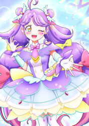  1girl ;d absurdres ahoge back_bow blush bow bow_earrings brooch brown_eyes buttons capelet color_connection colorful_background commentary_request cowboy_shot cure_answer cure_coral dot_nose double-breasted double_bun dress earrings fingerless_gloves gem glove_bow gloves hair_bow hair_bun hair_ornament heart heart-shaped_blush_stickers heart_brooch heart_in_eye highres jewelry large_bow layered_dress legs_together long_hair looking_at_viewer meitantei_precure! multi-tied_hair one_eye_closed outstretched_hand pact_holder parted_bangs pink_bow precure purple_bow purple_capelet purple_dress purple_gem purple_hair revaspa_picture sidelocks smile solo standing suzumura_sango symbol_in_eye thigh-highs tropical-rouge!_precure watermark white_gloves white_thighhighs yellow_bow 