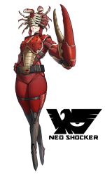  1girl armor arthropod_girl belt black_belt black_boots bodysuit boots clenched_teeth commentary covered_eyes crab_claw crab_girl eidenjyou1997 emblem english_commentary full_body genderswap genderswap_(mtf) grin hand_on_own_hip helmet helmet_over_eyes highres kamen_rider kaningerjin medium_hair monster_girl neo_kamen_rider pincers red_armor red_bodysuit red_hair shocker_(kamen_rider) simple_background smile solo spiked_armor spikes teeth thigh_boots white_background 