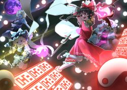  4girls absurdres alice_margatroid apron ascot black_hair blonde_hair blue_dress book bow braid broom broom_riding brown_eyes brown_hair capelet commentary_request danmaku dauchimk_1 detached_sleeves dress fighting frilled_bow frilled_hair_tubes frilled_hairband frilled_skirt frilled_sleeves frills full_moon gohei grimoire_of_alice hair_bow hair_tubes hairband hakurei_reimu hat hat_bow hat_ribbon highres holding holding_book holding_gohei imperishable_night kirisame_marisa lolita_hairband long_hair long_sleeves medium_hair mini-hakkero mob_cap moon multiple_girls open_mouth orb purple_moon purple_tabard red_bow red_shirt red_skirt ribbon ribbon-trimmed_sleeves ribbon_trim shirt short_sleeves side_braid single_braid skirt skirt_set smile tabard teeth touhou upper_teeth_only very_long_hair waist_apron white_bow white_capelet white_dress wide_sleeves witch_hat yakumo_yukari yellow_ascot yin_yang yin_yang_orb 