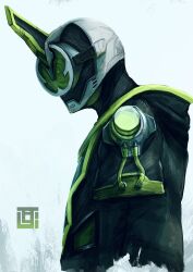  1boy absurdres from_side helmet highres hood hood_down hooded_jacket horns jacket kamen_rider kamen_rider_ghost_(series) kamen_rider_necrom kozsen_810290 open_clothes open_jacket signature single_horn solo spiral tokusatsu tube upper_body white_background 