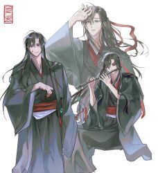  1boy ahoge arm_up black_coat black_hair black_hanfu blood blood_on_face blood_on_hands chenqing_flute chinese_clothes closed_mouth coat commentary_request crossed_legs dizi feet_out_of_frame flute flute_tassel grey_eyes hair_between_eyes hair_down hair_ribbon half_updo hand_up hanfu headband highres holding holding_flute holding_instrument instrument korean_commentary long_hair long_sleeves looking_at_viewer male_focus modao_zushi multiple_views music official_alternate_costume official_alternate_hairstyle open_clothes open_coat parted_bangs parted_lips playing_flute playing_instrument red_eyes red_ribbon red_sash ribbon robe ryu_meemee sash seal_impression sidelocks simple_background sitting smile standing tassel transverse_flute wei_wuxian wei_wuxian_(yiling_laozu) white_background wide_sleeves 
