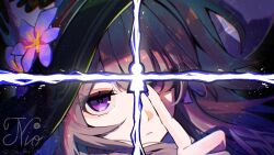  1girl black_hat brown_hair closed_mouth commentary flower hair_ribbon hat hat_flower herta_(honkai:_star_rail) highres honkai:_star_rail honkai_(series) index_finger_raised jpg-to-png_conversion long_hair looking_at_viewer om_rm1101 purple_flower purple_ribbon ribbon signature social_media_composition solo stitched the_herta_(honkai:_star_rail) twitter_username violet_eyes watermark witch_hat 