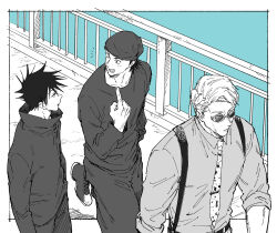  3boys animal_print closed_mouth collared_shirt commentary_request fushiguro_megumi greyscale highres ino_takuma jj59u jujutsu_kaisen jujutsu_tech_uniform leopard_print light_blush looking_at_another male_focus monochrome multiple_boys nanami_kento necktie open_mouth pants partially_colored pointing pointing_at_self round_eyewear shirt shoes short_hair sleeve_pushed_up spiky_hair suspenders walking 