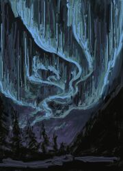  aurora dark forest highres mountainous_horizon nature night no_humans original painterly revol4357 river scenery tree 