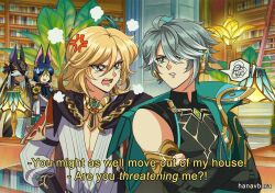  1990s_(style) 4boys ahoge alhaitham_(genshin_impact) anger_vein angry animal_ear_fluff animal_ears annoyed artist_name bare_shoulders belt black_choker black_gloves black_helmet black_pants black_shirt blonde_hair blue_eyes blue_hair blue_shirt blunt_ends book bookshelf brown_belt cape choker closed_eyes closed_mouth comedic_sweatdrop crossed_arms crystal curtains cyno_(genshin_impact) dark-skinned_male dark_skin earrings elbow_gloves english_commentary english_text fake_animal_ears feather_hair_ornament feathers flower fox_boy fox_ears genshin_impact gloves gold_necklace green_cape green_hair grey_hair grey_shirt hair_between_eyes hair_ornament hair_over_one_eye hanavbara hand_on_own_hip helmet hood hooded_shirt indoors jewelry kaveh_(genshin_impact) leaf library long_hair long_sleeves looking_at_another male_focus mandarin_collar medium_hair multicolored_hair multiple_boys necklace nervous open_mouth pants pectoral_cleavage pectorals plant puffy_long_sleeves puffy_sleeves red_cape red_eyes retro_artstyle shirt short_hair short_sleeves sleeveless sleeveless_shirt smile speech_bubble stairs standing sweat sweatdrop table teeth tighnari_(genshin_impact) tongue two-tone_hair two-tone_shirt v-shaped_eyebrows vision_(genshin_impact) window yellow_flower 