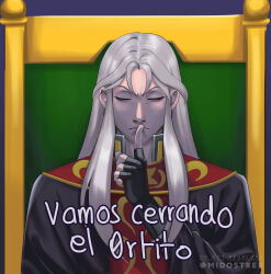  1boy absurdres androgynous armored_boots balron_lune black_gloves black_robe boots chair closed_eyes finger_to_mouth fingerless_gloves frown gloves grey_hair highres index_finger_raised long_hair looking_at_viewer male_focus meme midostree-art on_chair robe saint_seiya shushing sitting solo spanish_text upper_body v-shaped_eyebrows 