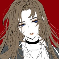  1girl black_choker black_coat black_vest blue_eyes brown_hair choker coat collared_shirt eyeshadow limbus_company lipstick long_hair makeup mole mole_under_eye parted_bangs parted_lips pink_eyeshadow portrait project_moon remsrar rodion_(project_moon) shirt solo third-party_source very_long_hair vest white_shirt 