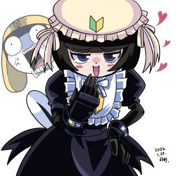  1girl apron black_dress black_hair blue_eyes dress gloves heart kemono_friends kemono_friends_3 keroro_gunsou looking_at_viewer maid maid_apron maid_headdress noda_ryo short_hair simple_background tadpole tadpole_tail tail tamama tamama_(kemono_friends) 
