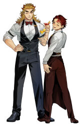  2boys :d alcohol alternate_costume apron arm_belt belt black_belt black_pants black_shoes black_vest blonde_hair bow bowtie brown_hair closed_mouth cocktail cocktail_glass collared_shirt colored_tips contemporary cup dress_shirt drinking_glass earrings facing_viewer forked_eyebrows formal_clothes full_body hanafuda_earrings hand_on_own_hip hand_up hashimoto_(yanagi-momo) highres holding holding_cup implied_yaoi jewelry kamado_tanjirou kimetsu_no_yaiba long_hair long_sleeves looking_at_viewer looking_back male_focus multicolored_hair multiple_boys one_eye_closed open_mouth pants red_apron red_bow red_bowtie red_eyes red_hair red_pants red_shoes red_vest rengoku_kyoujurou scar scar_on_face scar_on_forehead shirt shoes short_hair simple_background sleeves_rolled_up smile standing streaked_hair thick_eyebrows traditional_bowtie two-tone_hair vest waist_apron waistcoat waiter white_background white_shirt yellow_eyes 