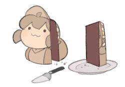  :3 brown_hair brown_hat cake cake_slice closed_mouth commentary crumbs english_commentary floral_print floral_print_hat food hat illusion_cake original plate print_hat simple_background smile tem_loaf_(temmie_chang) temmie_chang temmie_chang_(character) white_background 