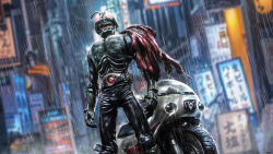  1boy absurdres adversarial_noise antennae armor arms_at_sides artist_name belt billboard blurry blurry_background building city commentary fangs glowing glowing_eyes helmet highres kamen_rider kamen_rider_(1st_series) kamen_rider_1 leather leather_pants love894anon motor_vehicle motorcycle night outdoors pants photo_background rain red_eyes red_scarf rider_belt scar scar_on_face scarf solo standing tokusatsu 
