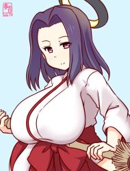  1girl alternate_costume artist_logo blue_background breasts broom commentary_request dated gradient_background hakama halo japanese_clothes kanon_(kurogane_knights) kantai_collection kimono logo mechanical_halo medium_breasts miko one-hour_drawing_challenge purple_hair red_eyes red_hakama solo tatsuta_(kancolle) tatsuta_kai_ni_(kancolle) white_kimono 